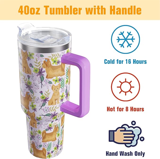 Yorkie Gifts for Women Dog Lovers 40 oz Floral Yorkie Tumblers with Handle and Straw, Stainless Steel Vacuum Insulated Travel Coffee Mug Cup Water Bottle
