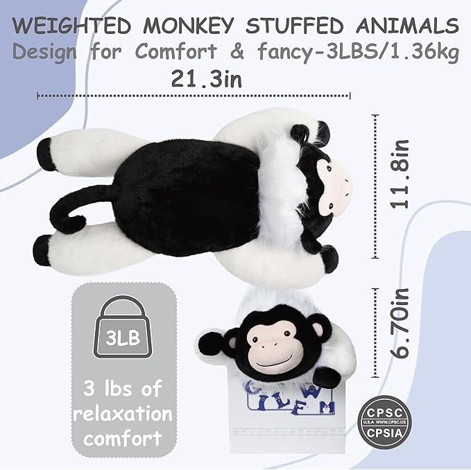 Weighted Stuffed Animals Monkey - 21.3" Cute Toy Pillow Plushie Gifts for Kids Boys Girls & Adults, 3 lbs Ultra-Soft Washable Plush Pillowfort