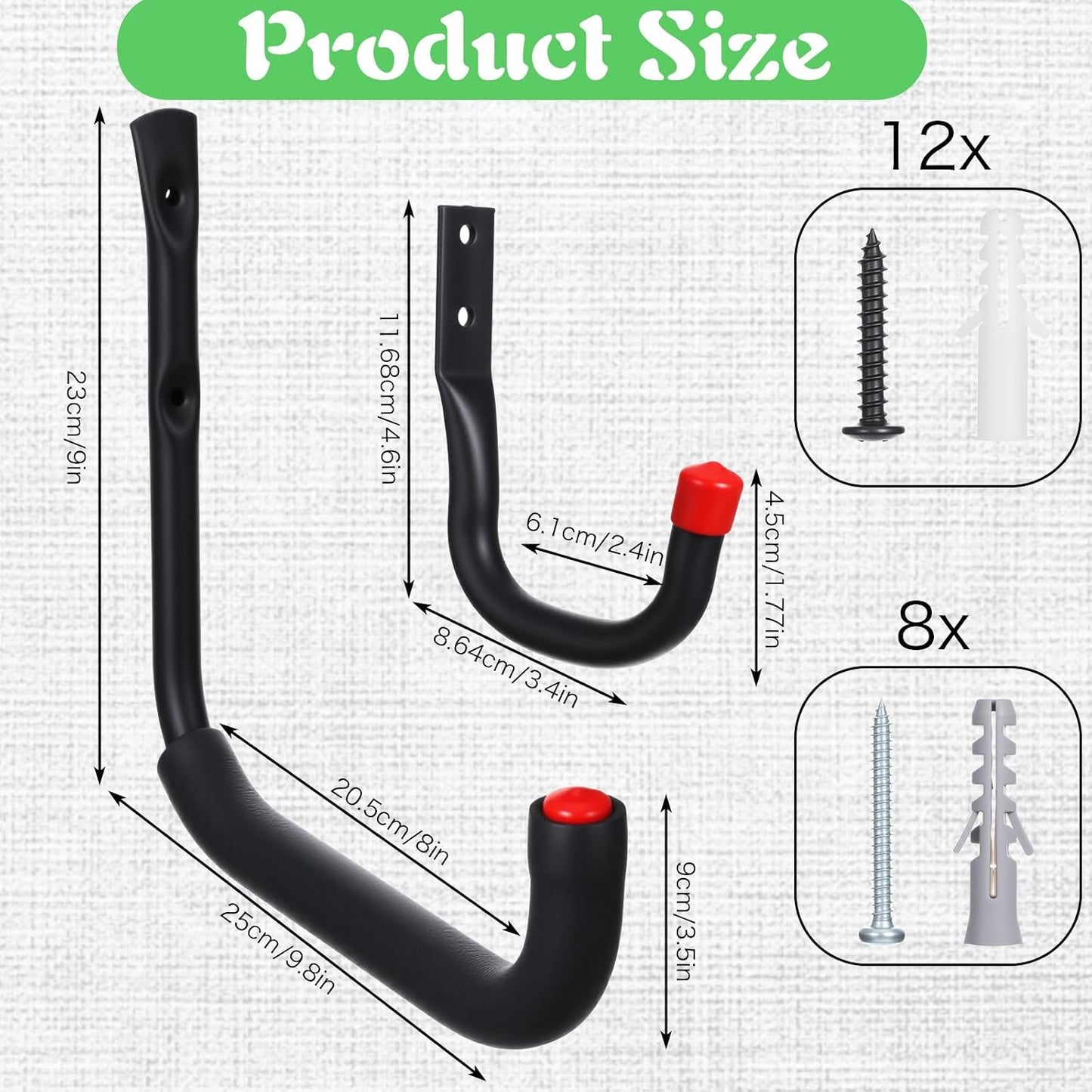 10 Pack Heavy Duty Garage Hooks, 9.8" & 3.5" Kayak Storage Hook, 100LB (9.8") Capacity Wall Mount Storage Hooks for Kayak, Bike, Ladder, Chair Hanging, Black, Indoor/Outdoor