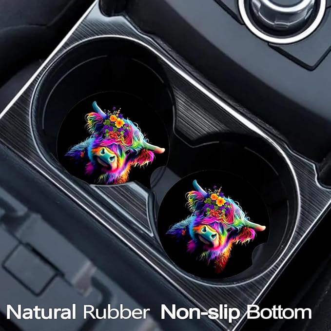 Car Coasters for Cup Holders,2 Pack Highland Cow Car Cup Holder Coasters,2.75" Universal Size Anti Slip Rubber Mat,Automotive Cup Holder Decal Decor Accessories,Cow Gifts for Women,Men,Mom,Her