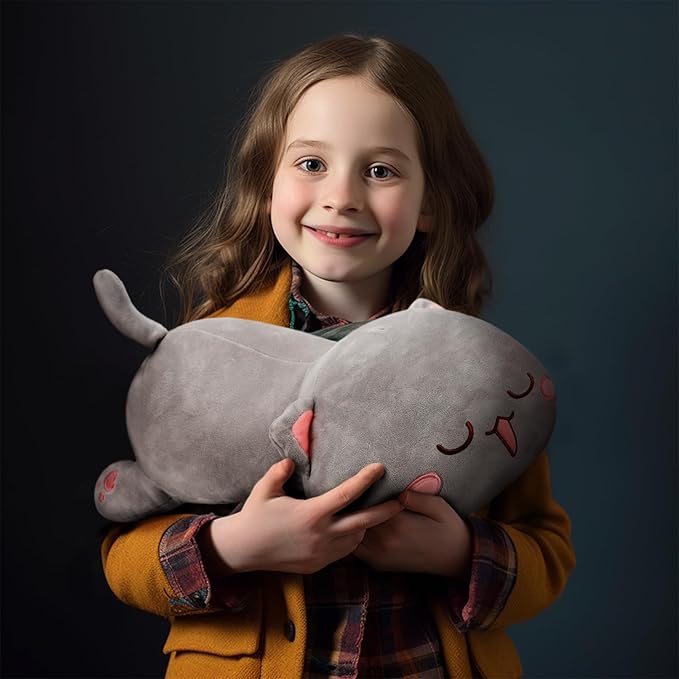 AFAN Cat Stuffed Animals Plush Cute Soft Cat Plush Pillow Toys Kawaii Plushies Room Decor Gifts for Kids Girls Boys (Round Eyes, Grey, 25.9 Inch)