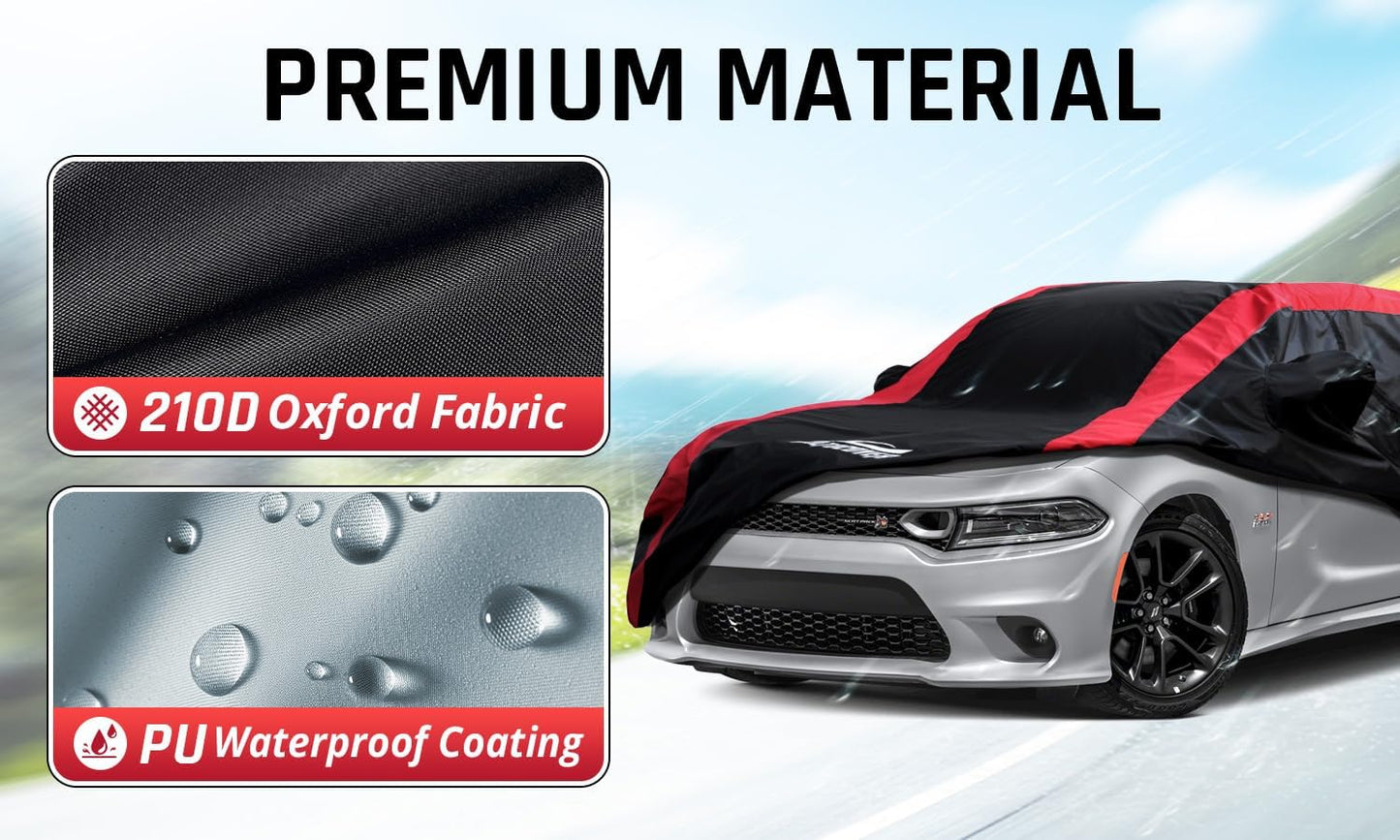 Dodge Charger Car Cover Waterproof All Weather with Red Strip Design, Custom Fit for Dodge Charger 2006–2023, Charger Accessory with Door Zipper & Windproof Straps