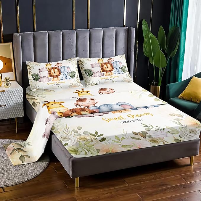 Wild Animal Hippo Bed Set - 4 Pc Kawaii Cute Elephant Lion Giraffe Monkey Sheets for Kids - Queen Size with 1 Flat, 1 Fitted + 2 Pillowcases