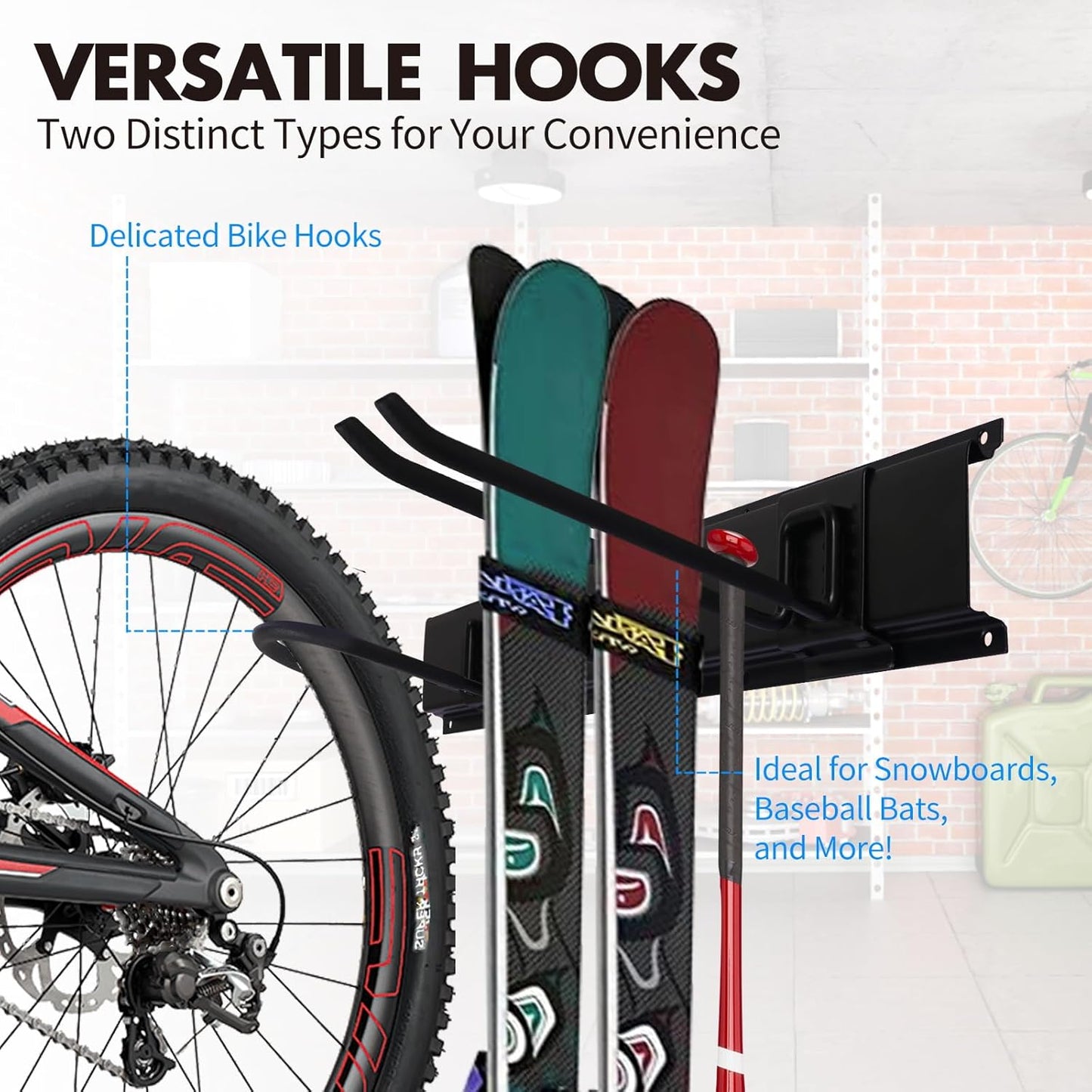 Garage Organization, 48 Inch Garden Tool Organizer Max Load 525 lb, Garage Tool Organizer Wall Mount with 7 Organization Hooks and Bike Hooks, Updated 16 Inch Studs Spacing