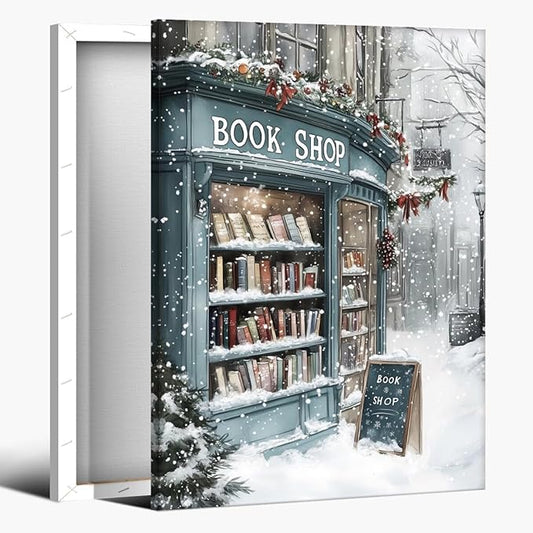 Vintage Christmas wall art Winter Book Shop Poster Print Book Lovers Gift Reading wall art Bookshop Wall Decor Winter Landscape Painting Room decor Aesthetic Framed20x30inch