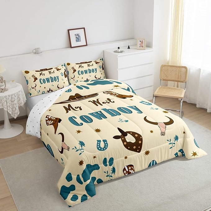 Western Cowboy Bedding Set Queen Size,Cowboy Boots Horseshoe Comforter Set 3Pcs for Kids Girls Boys Teens Room Decor,Southwest Quilt Set Blue Brown Cowhide Print Duvet Insert,2 Pillowcases