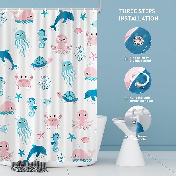 Vimorco Sea Turtle Shower Curtain, Dolphin Shower Curtains for Bathroom, Waterproof Quick-Dry Polyester Fabric White Shower Curtain, Ocean Animals Octopus Whale Bath Curtain Bathroom Decor, 12 Hooks