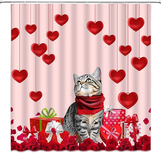 Valentine's Day Shower Curtain Cute Cat Romantic Red Heart Rose Love Couple Woman Girl Creative Bathroom Curtains Decor Fabric Set Include Hooks,(70" Wx78 H)