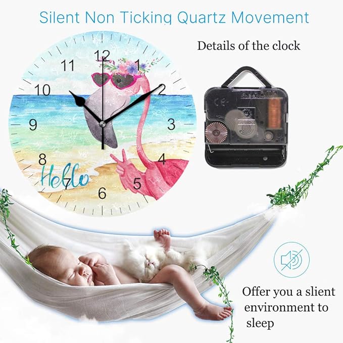 Wamika Wall Clock Pink Flamingo Beach Sea Summer Flowers Silent Non Ticking Round Clocks, Flamingos Birds Ocean Floral Clocks 10 Inch Battery Operated Quartz Quiet Desk Clock for Home Office