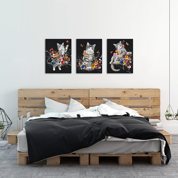 Canvbay 3 Pieces Cat Canvas Wall Art Black and White Animal Pet with Colorful Flower Butterfly Painting Pictures Cute Kitten Floral Print Poster for Girls Kids Room Decor Bedroom 12x16inchx3pcs