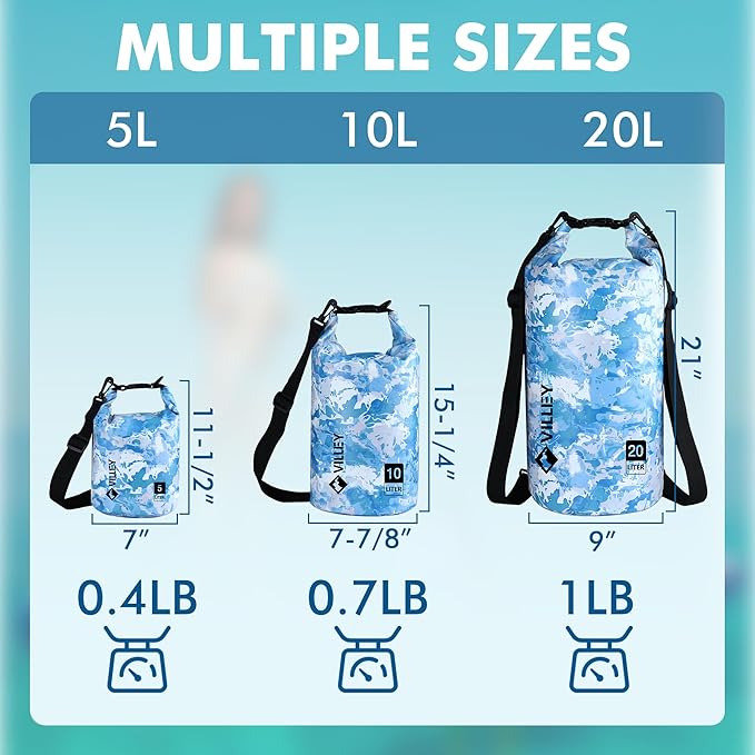 VILLEY Dry Bag Waterproof 10L Roll Top Sack Keeps Gear Dry Lightweight Dry Sack with Waterproof Phone Case for Kayaking Boating Camping Swimming and Beach Adventures Blue Camo