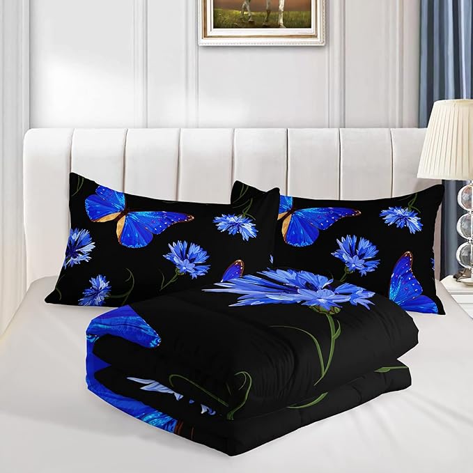 BSNTHO Butterfly Comforter Set for Girls Kids Royal Blue Daisy Floral Bedding Sets Mysterious Black Blue Butterfly Comforter Queen Size with 1 Comforter and 2 Pillowcases