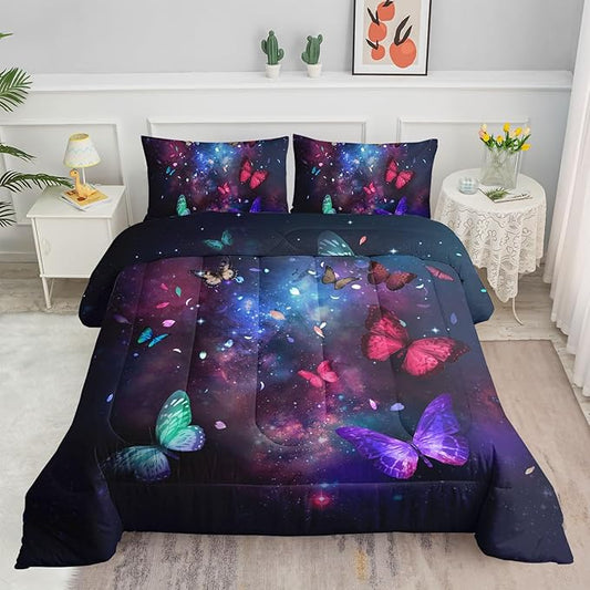 Butterfly Comforter Set for Girls Women,Colorful Butterflies in Space Galaxy Printed Black Bedding Set with 2 Pillowcases(Butterfly Galaxy Full)