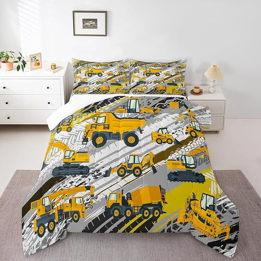 Boys Construction Comforter Set Truck Bedroom Decor for Kids Girls Under Construction Vehicles Down Comforter Nursery Children Cartoon Machinery Truck Excavator Bedding Tractor Cars Duvet Quilt, King