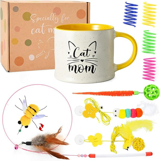 YHRJWN Cat Mom Mothers Day Gifts, Cat Lover Gifts for Women, Christmas Birthday Gift for Mom Wife Daughter Friends, 14 Oz with Toys