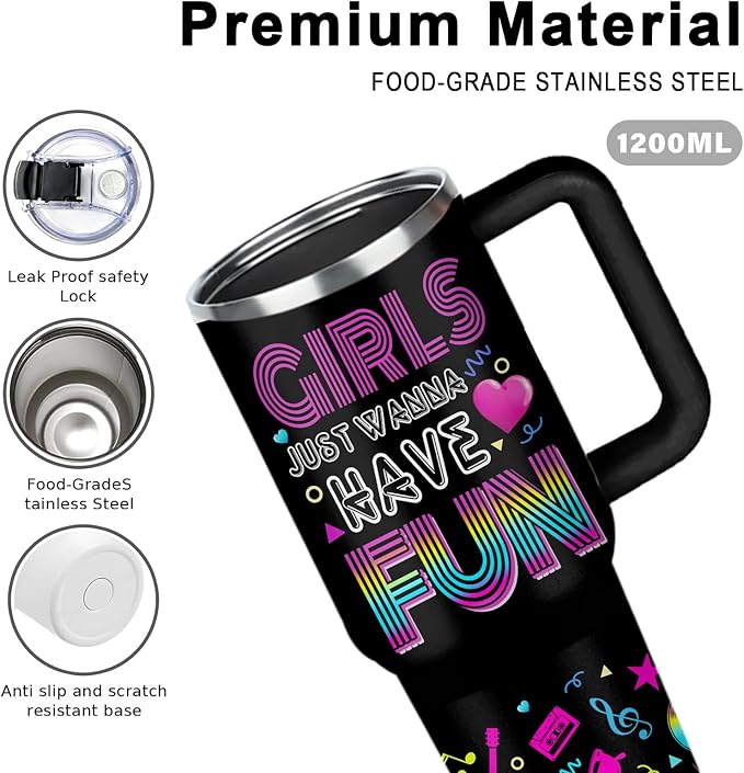 WWHSAl Girls Just Wanna Have Fun Neon Girl Tumbler 40oz with Handle, Funny Girls Night Bachelorette Party Slumber Party Pajama Partys Coffee Cup Trendy Gift for Teen Girl Birthday