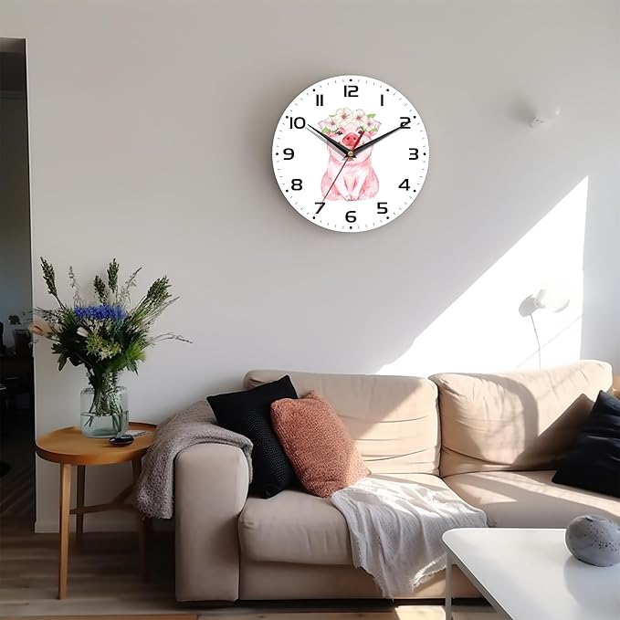 Wall Clock, 10 Inch Silent Non-Ticking Home Kitchen Decor, Battery Operated for Bathroom Bedroom Living Room Office(Cute Pig Flower)