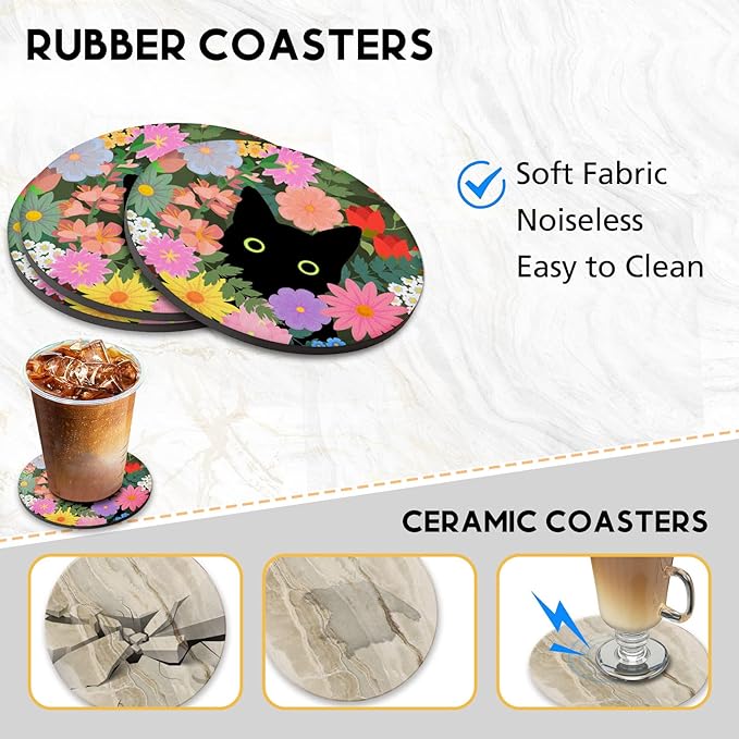 Swooflia Coasters for Drinks Coffee Table, Flower Black Cat Cute Colorful Silicone Absorbent Cup Coaster Set Housewarming Kitchen Home Wooden Desk Office Bar Tabletop Decor 6 Pack