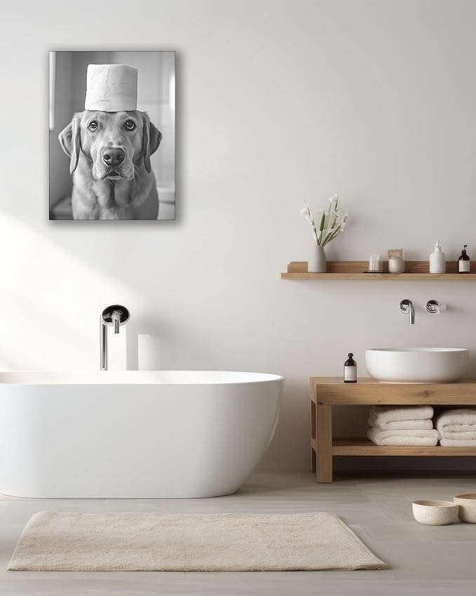 UPWOIGH Bathroom Wall Art Decor, Black and White Labrador Retriever Dog Toilet Paper Wall Art, Wood Framed Canvas Wall Art Animals Abstract Prints, 12"x16" High-end Pictures for Dormitory Kids Room