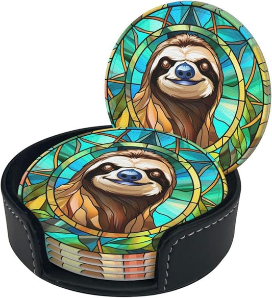 Sloth Drink Coaster Set of 6, Sloth Decor Gifts, Leather Drink Coasters with Holder, 6 Pack Cup/Bar/Drink Coasters for Table/Drinks/Coffee Protection Housewarming Gift (Sloth)