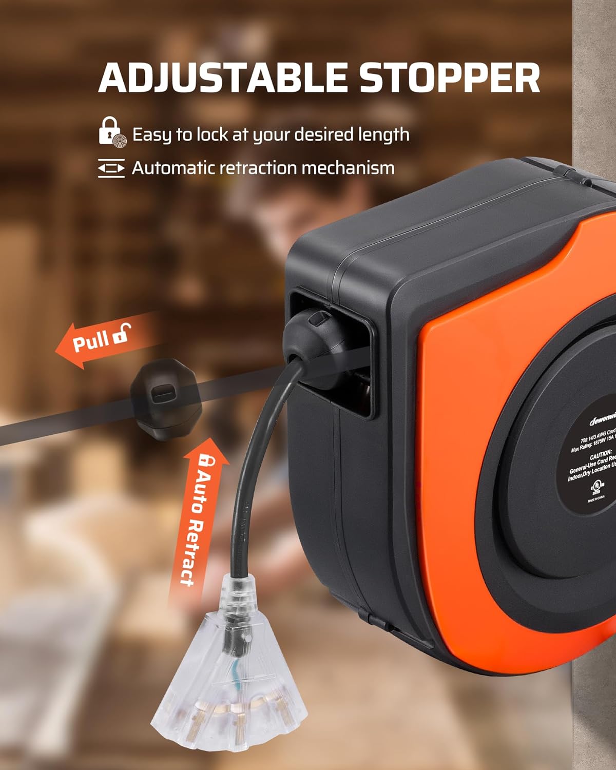 DEWENWILS Retractable Extension Cord Reel, 75 FT Heavy Duty Power Cord, 14/3C SJTOW, Lighted Triple Tap Outlets, 10A Circuit Breaker, Wall/Ceiling Mounted for Garage, Workshop, UL Listed