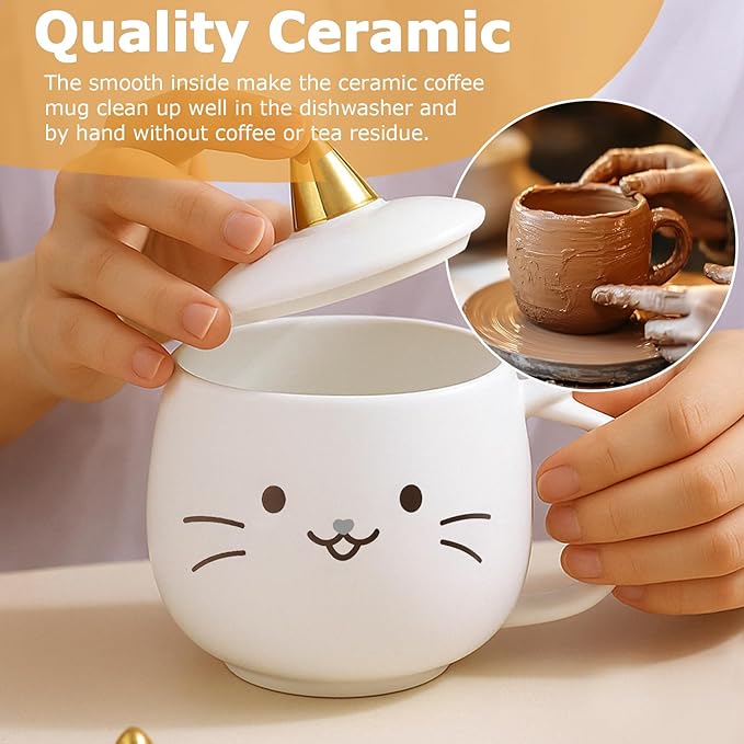 Yuwu Cat Ceramic Coffee Mug with Spoon & Lid, 13.5 oz Novelty Mug with Phone Stand Lid, Cute Tea Cup for Women & Cat Enthusiasts (White)
