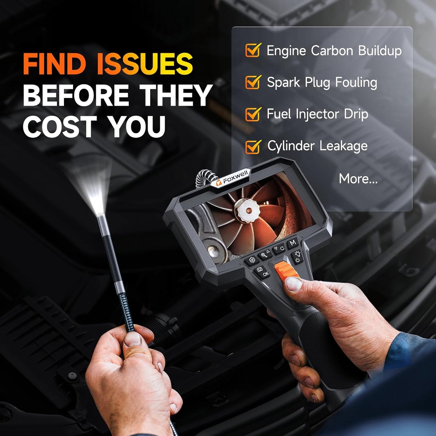 FOXWELL Y400 2-Way Articulating Borescope Camera with Light, Industrial Endoscope Inspection Camera with Articulated Snake Cameras, HD Video Scope for Automotive Engine HVAC Inspection-5.25FT Cable