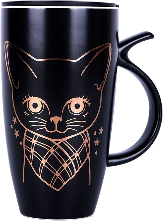 WHJY 20oz Large Black Cute Cat Ceramic Coffee Mug Cup with Splash-proof Lid, Cat Tail Shape Handle, Animal Cat Mug Tumbler (black)