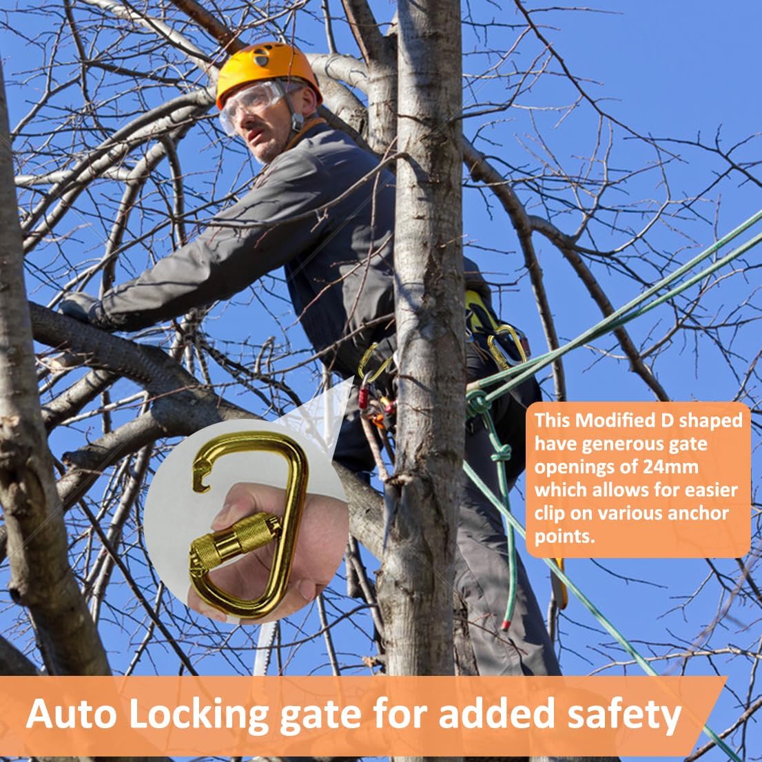 DEKABR Heavy Duty Alloy Steel Auto-Locking Climbing Carabiner - 45KN Twist Lock Carabiner for Rock and Tree Climbing, Quick Release, Rescue, and Mountaineering. ANAB Certified, 4.21-inch, Large, Gold