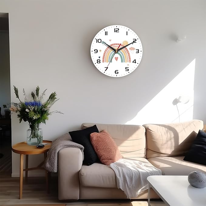 Wall Clock, 10 Inch Silent Non-Ticking Home Kitchen Decor, Battery Operated for Bathroom Bedroom Living Room Office(Boho Rainbow)