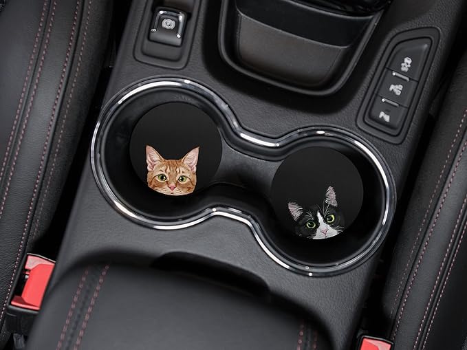 WIRESTER, Orange Tabby Kitten Cat, Black White Tuxedo Cat Design Absorbent Round Fabric Felt Neoprene Car Coasters for Drinks (2.87 inches), 2pcs Set