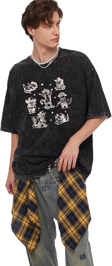 Y2K Oversized Graphic Tees for Women -Cowboy Cats Acid Washed Vintage Unisex Tee Short Sleeve Streetwear Tops