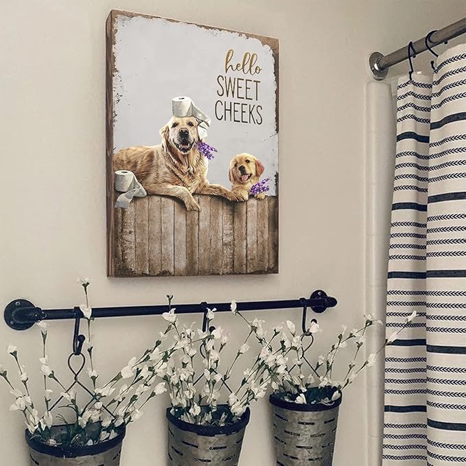 Bathroom Decor Wall Art Dog Pictures Wall Decor Golden Retriever Painting Funny Farmhouse Bathroom Wall Art for Bathroom Toilet Rustic Animals Bathroom Artwork Framed 16"x20"