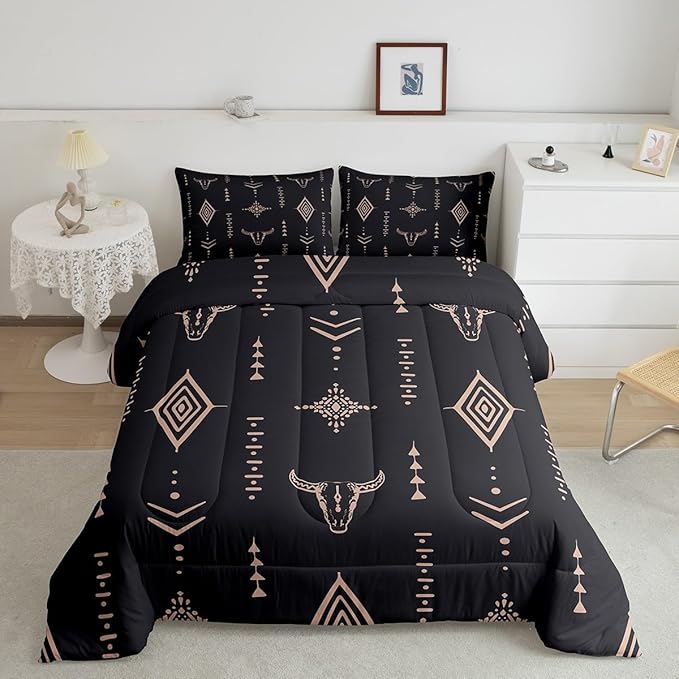 Bull Skull Comforter Set Queen Boho Bedding Ethnic Horns Bohemian Bedding Comforter Sets Black Brown Tribal Symbol Mysterious Aztec Bedroom Decor Abstract Geometric Duvet Insert for Men Boys