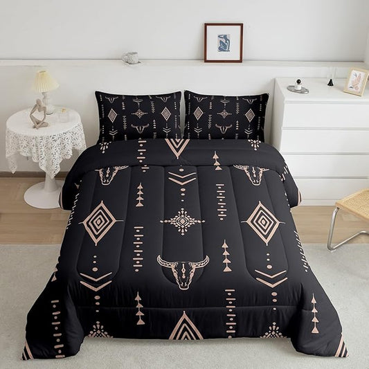 Bull Skull Comforter Set Queen Boho Bedding Ethnic Horns Bohemian Bedding Comforter Sets Black Brown Tribal Symbol Mysterious Aztec Bedroom Decor Abstract Geometric Duvet Insert for Men Boys
