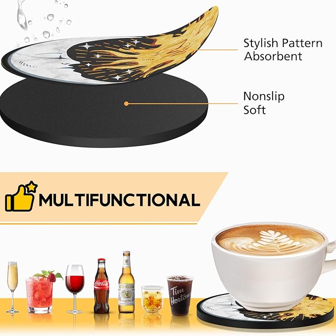 Swooflia Coasters for Drinks Coffee Table, Sun Moon Vintage Black Silicone Absorbent Cup Coaster Set Housewarming Kitchen Home Wooden Desk Office Bar Tabletop Decor 6 Pack