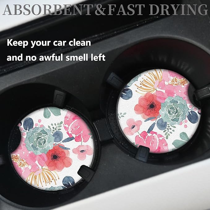 Watercolor Floral Car Coaster for Cup Holders,Car Accessories for Women,2pcs 2.75inch Universal Anti Slip Car Assecories,Car Cup Holder with A Finger Notch