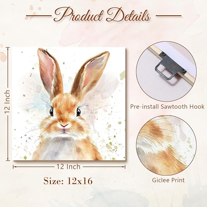Watercolor Rabbit Wall Art Nursery Bunny Pictures Wall Decor Abstract Animal Canvas Print Art Cute Bunny Rabbit Poster Modern Artwork for Kids Bedroom Bathroom Living Room Home Decor 12x12inch