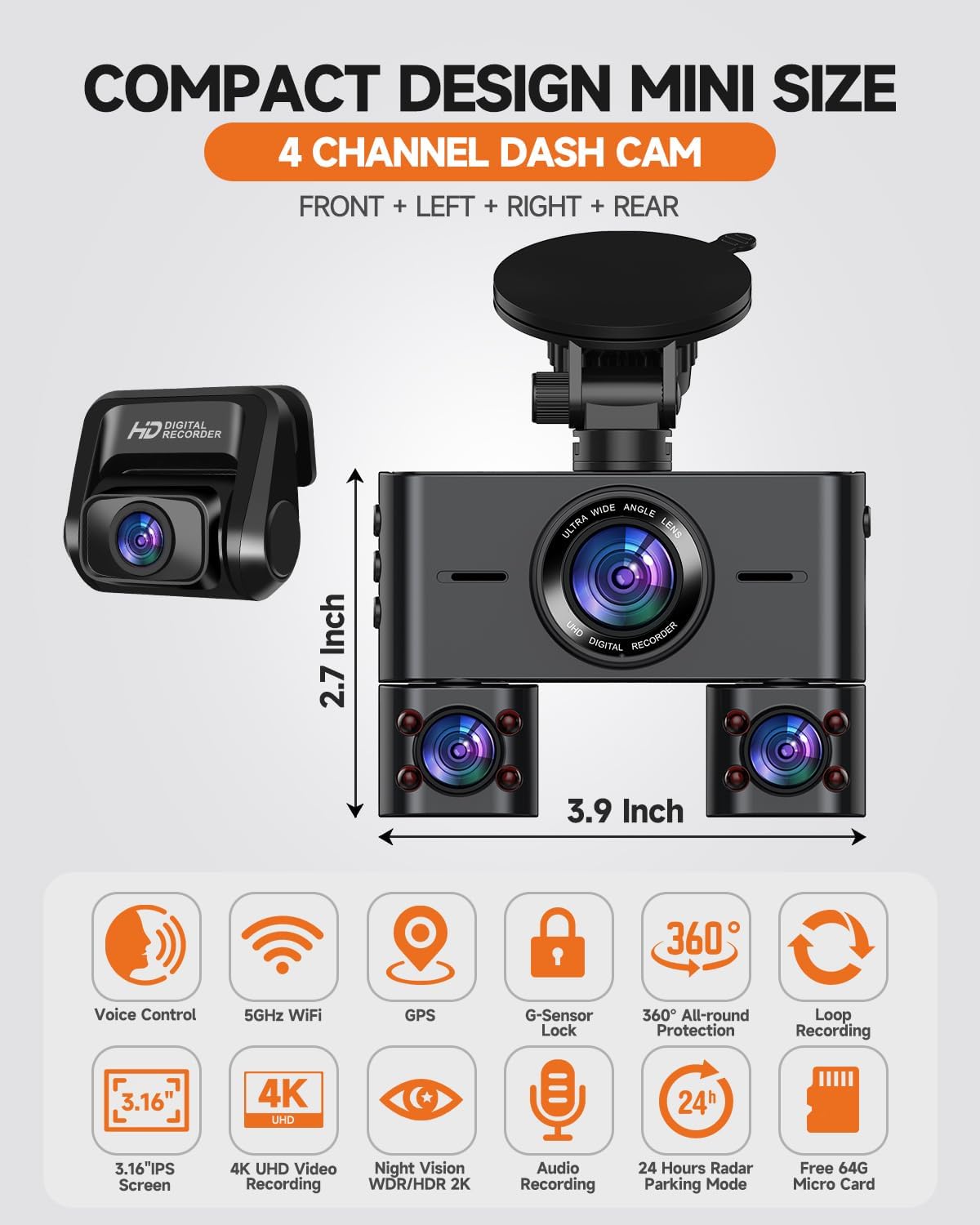 Dash Cam 360°, Dash Camera for Cars Front and Rear Inside, 4 Channel 4K/2K FHD Mini Dashcam, Built-In WiFi, GPS,with 64GB Card, Voice Control, WDR,HDR,Night Vision, 24/7 Parking Mode(Upgraded Version)
