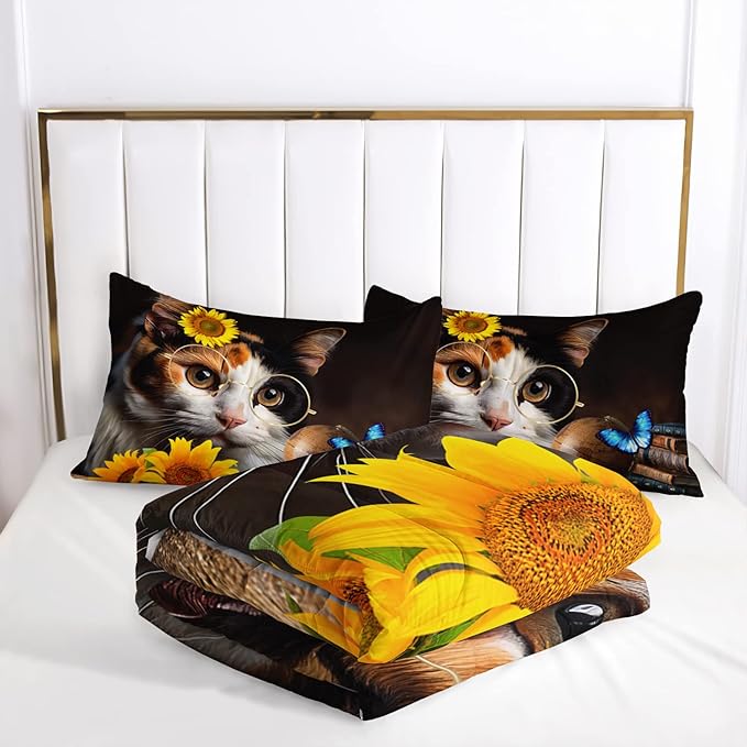AILONEN Glasses Cat Print Bedding Set Twin Size with Sunflowers Vintage Items Books Comforter Set for Boys Girls,Retro Wooden Style Soft Breathable Duvet Set 3 Pieces, 1 Quilt and 2 Pillowcases