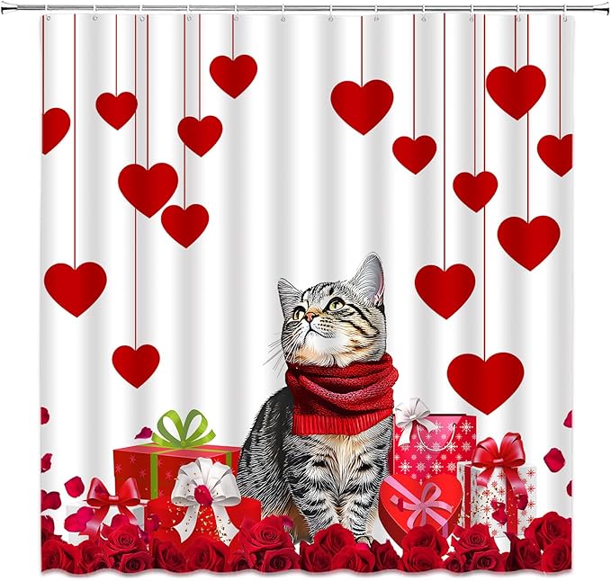 Valentine's Day Shower Curtain Cute Cat Romantic Red Heart Rose Love Couple Woman Girl Creative Bathroom Curtains Decor Fabric Set Include Hooks,(67" Wx70 H)