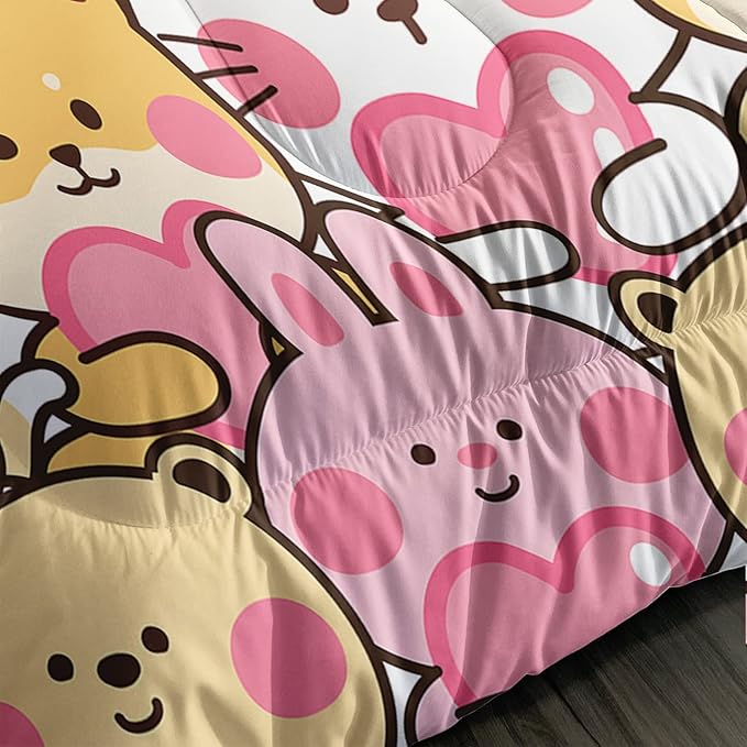 BSNTHO Cute Animal Comforter Set for Girls Kids Full Size Reversible Kawaii Dog Cat Frog Rabbit Bear Bedding Cartoon Pet Kitten Puppy Toddler Bedroom Collection 3Pcs Super Soft Lightweight
