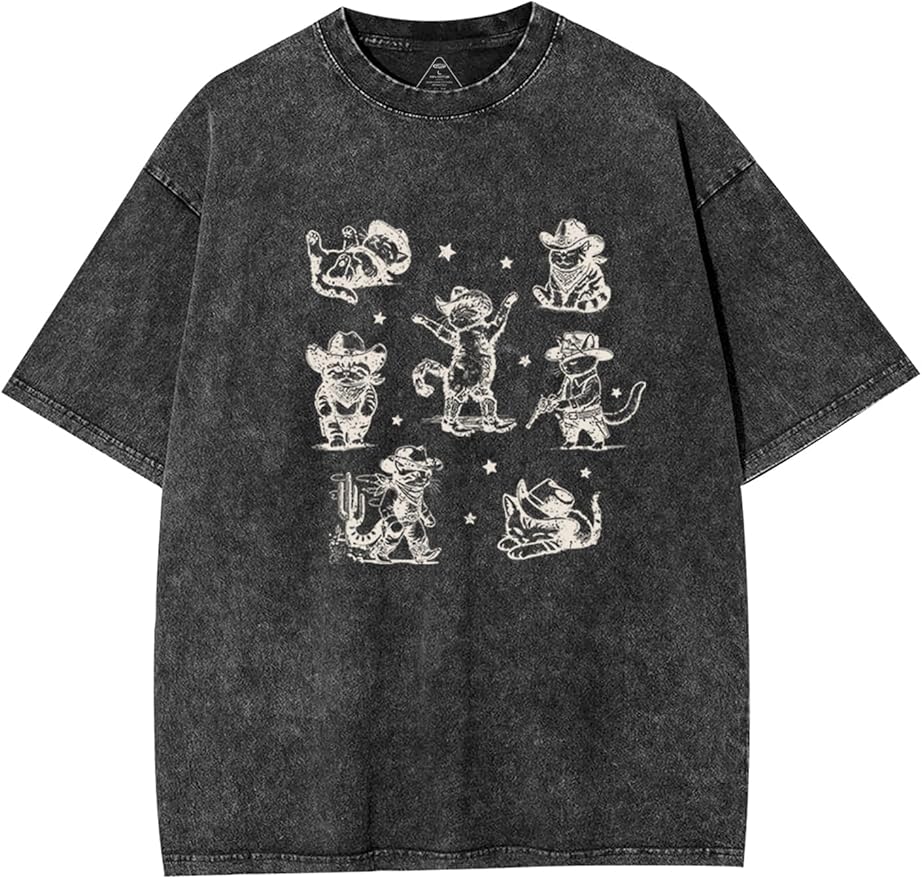 Y2K Oversized Graphic Tees for Women -Cowboy Cats Acid Washed Vintage Unisex Tee Short Sleeve Streetwear Tops