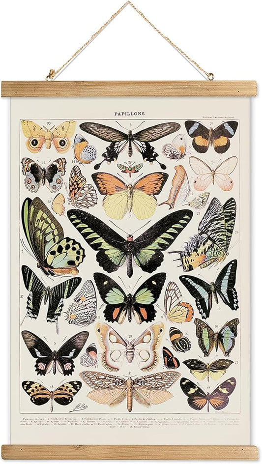 XIAOAIKA Vintage Butterfly Hanging Poster with Wooden Frame, Retro Style Wall Decor Art Painting, Patterns Printed on Linen Without Fading, Ready to Hang (12 x 16)