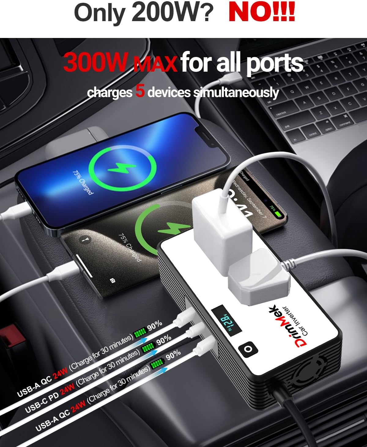 200W Car Power Inverter, Car Plug in Adapter Outlet DC Inverter 12V to 110V AC with 24W USB-C & USB-A Dual AC Outlet, PD/QC Fast Car Charger for Laptop, Vehicles, Road Trip Essentials, Camping