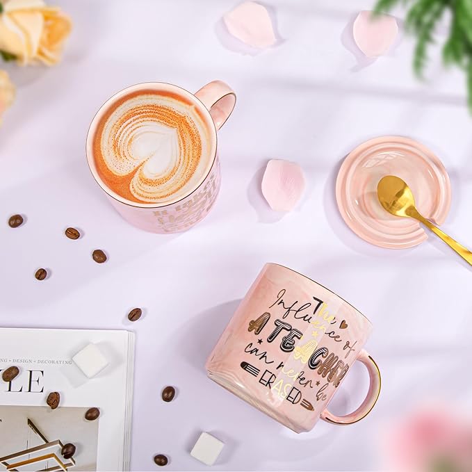 Teacher Gifts for Women, Appreciation Gift, Retirement, Birthday, End of Year Gifts - The Influence of A Teacher Can Never Be Erased - 14oz Golden Pattern Marble Mug