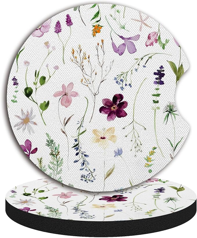 Wildflowers Universal Auto Anti Slip Insert Coasters, 2 Pack Rubber Car Coasters with A Finger Notch