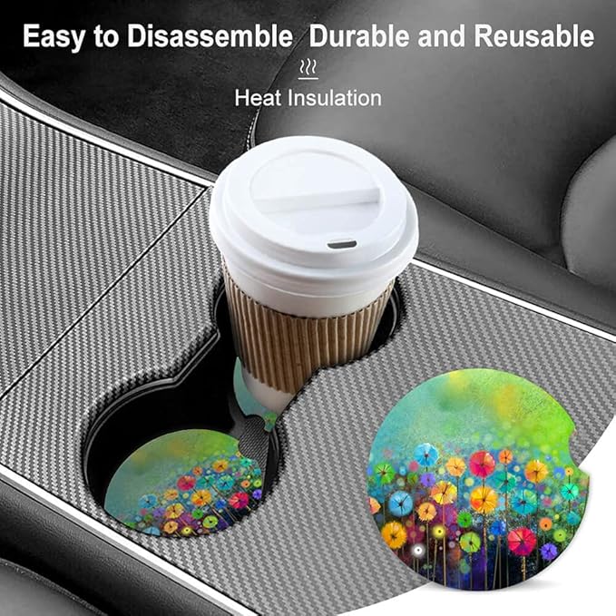 Watercolor Nature Landscape Floral Absorbent Car Coasters,Cute Decorative Ceramic Cup Holders Coasters with a Finger Notch for Women Men 2.56"(2 Pieces)