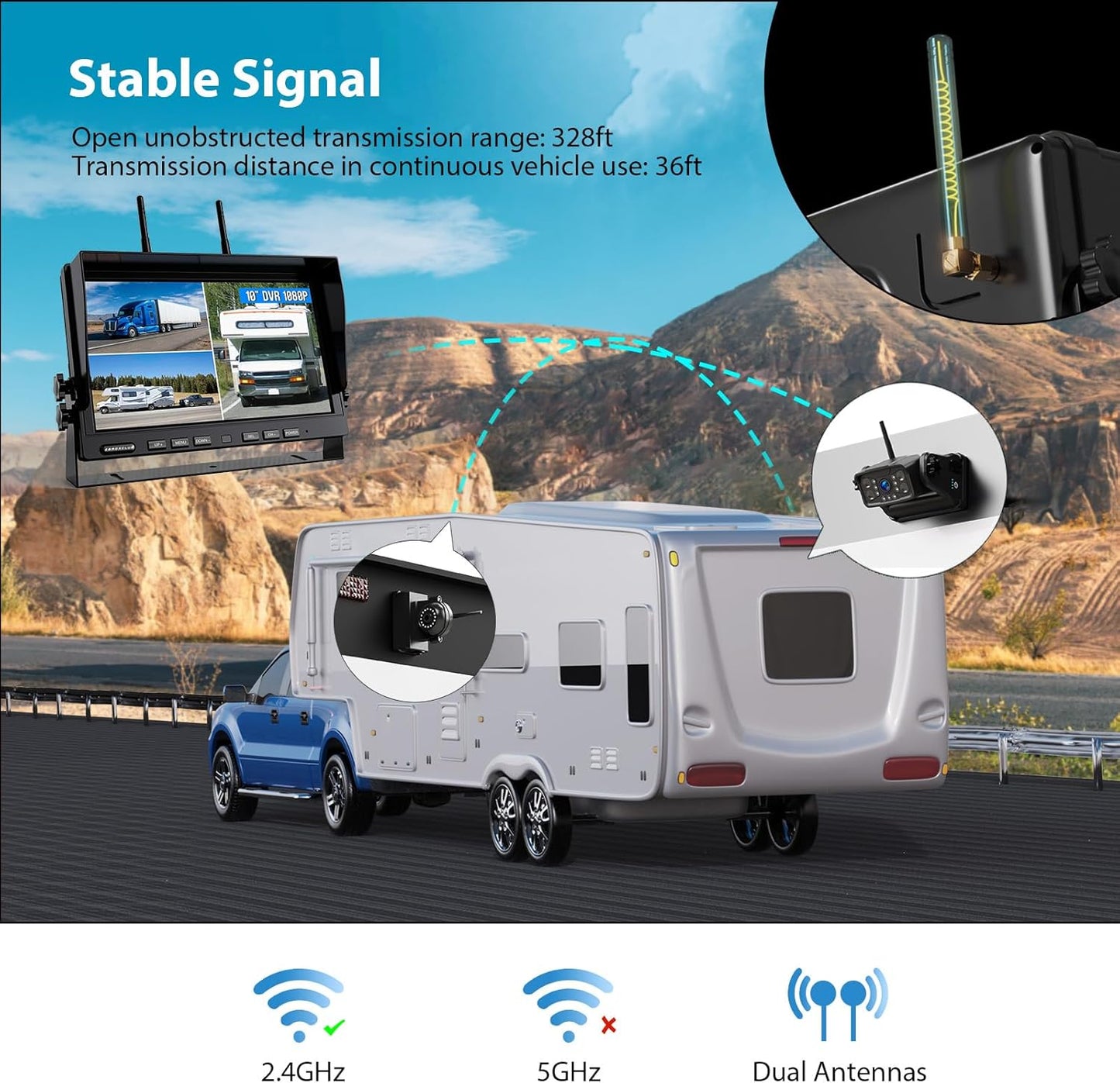 Magnetic Wireless Backup Camera: Portable Rechargeable Battery, 10" HD 1080P DVR Monitor with Rear View Side View Camera for Travel Trailer/Fifth Wheels/RV/Camper BC103