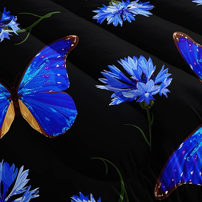 BSNTHO Butterfly Comforter Set for Girls Kids Royal Blue Daisy Floral Bedding Sets Mysterious Black Blue Butterfly Comforter Queen Size with 1 Comforter and 2 Pillowcases